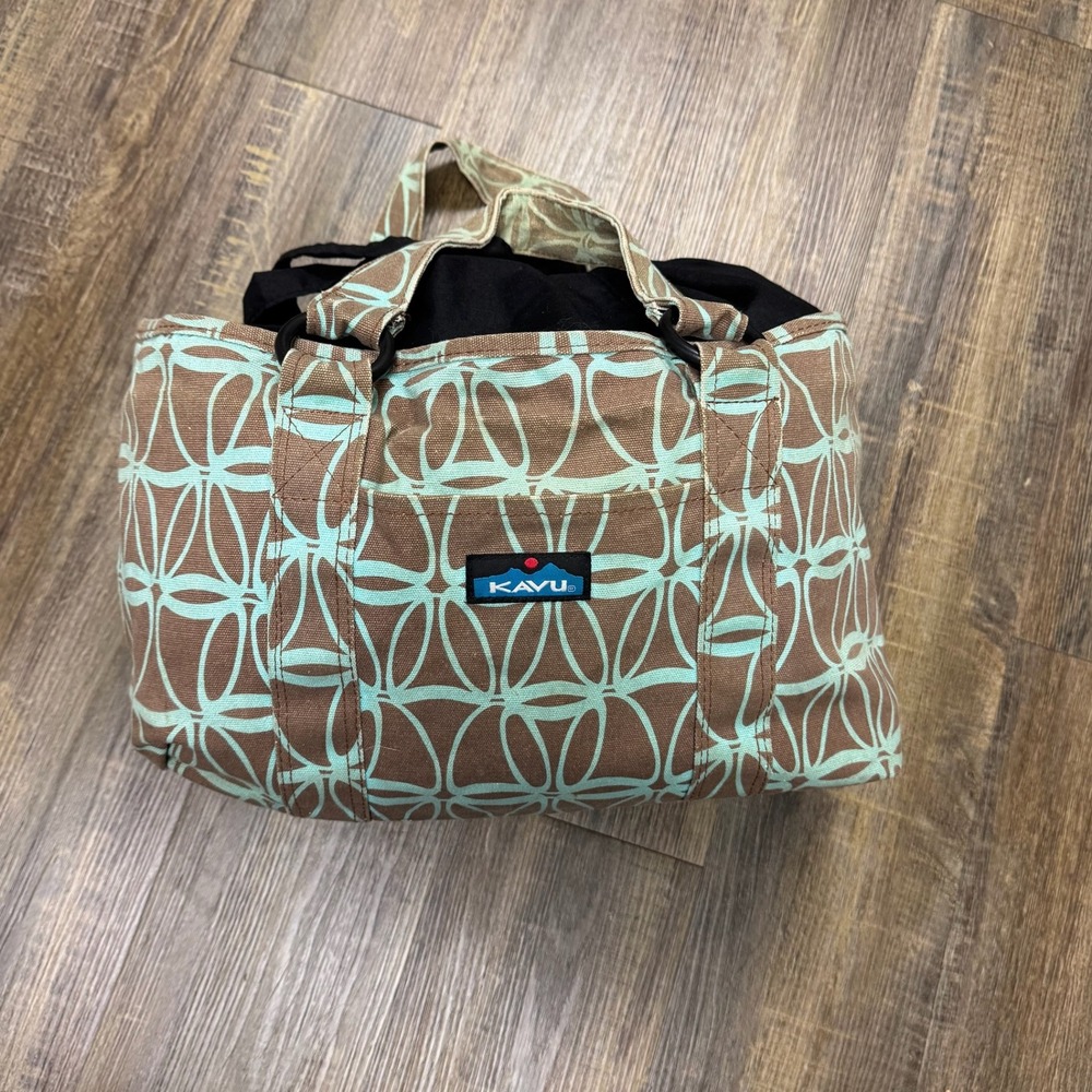 KAVU Canvas Tote Bag Brown Teal Geometric Print Drawstring Closure Small Handbag